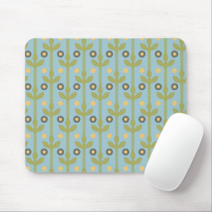 Retro Green and Blue Cute Folksy Floral Pattern Mouse Pad