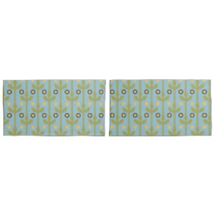 Retro Green and Blue Cute Folksy Floral Pattern Pillowcase