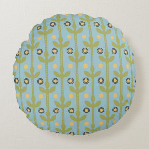 Retro Green and Blue Cute Folksy Floral Pattern Round Cushion