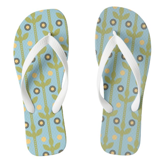Retro Green and Blue Cute Folksy Floral Pattern Thongs (Footbed)