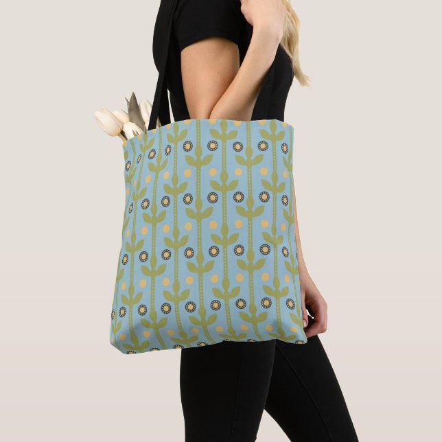 Retro Green and Blue Cute Folksy Floral Pattern Tote Bag (Close Up)