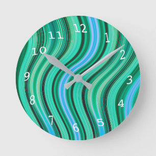 Retro green and blue wavy stripes pattern round clock
