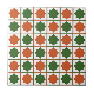 Retro Green and Burnt Orange Islamic Geometric Pat Ceramic Tile