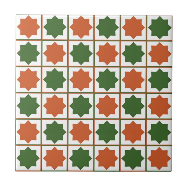 Retro Green and Burnt Orange Islamic Geometric Pat Ceramic Tile (Front)