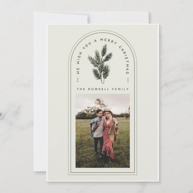 Retro Green and Cream Arch with Pine Branch Photo Holiday Card (Front)
