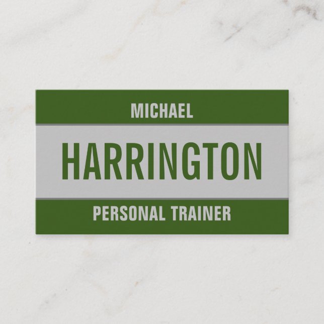Retro Green and Grey Minimalistic Personal Trainer Business Card (Front)