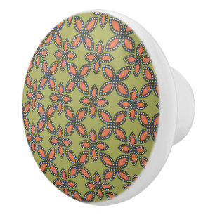 Retro Green and Orange Abstract Floral Pattern Ceramic Knob