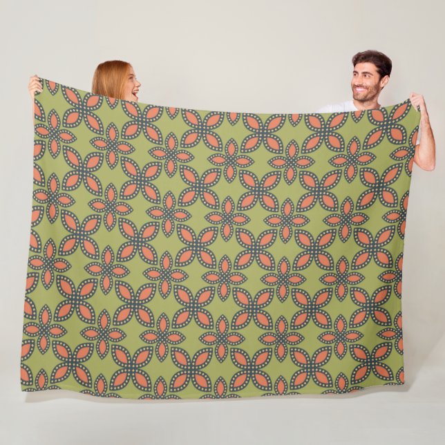 Retro Green and Orange Abstract Floral Pattern Fleece Blanket (In Situ)
