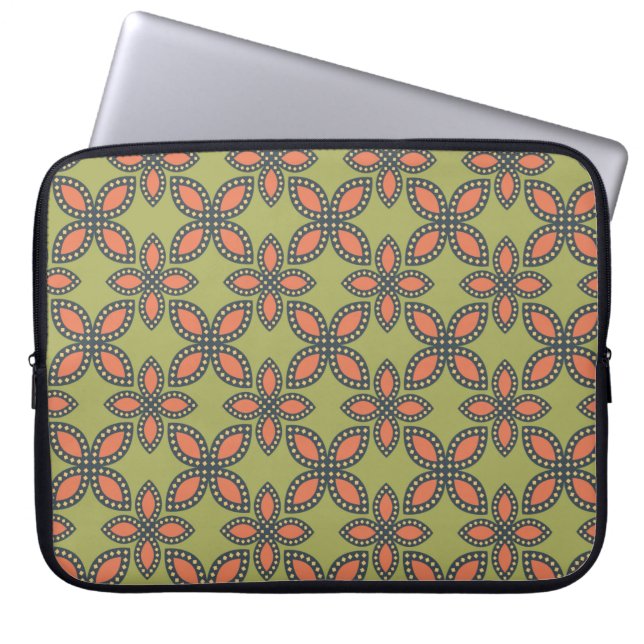 Retro Green and Orange Abstract Floral Pattern Laptop Sleeve (Front)