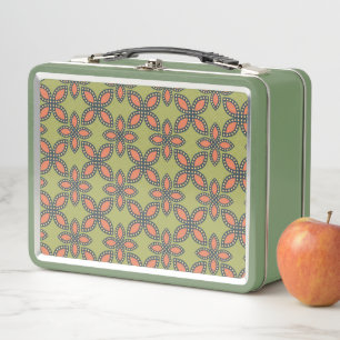 Retro Green and Orange Abstract Floral Pattern Metal Lunch Box