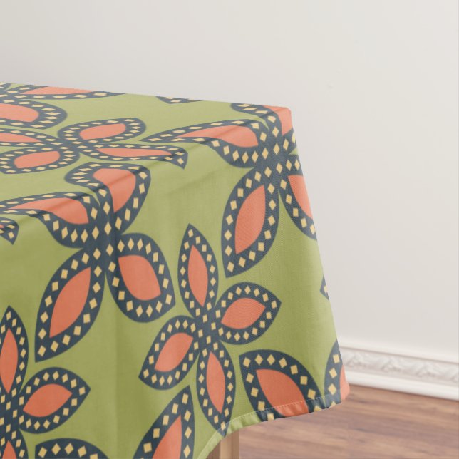 Retro Green and Orange Abstract Floral Pattern Tablecloth (In Situ)