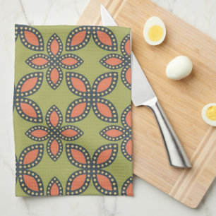 Retro Green and Orange Abstract Floral Pattern Tea Towel