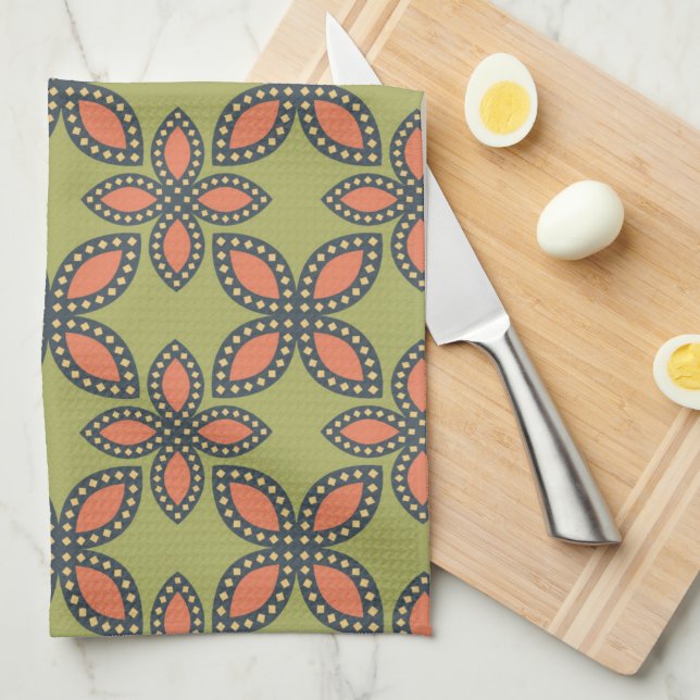 Retro Green and Orange Abstract Floral Pattern Tea Towel (Quarter Fold)