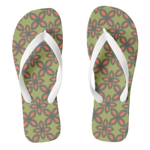 Retro Green and Orange Abstract Floral Pattern Thongs
