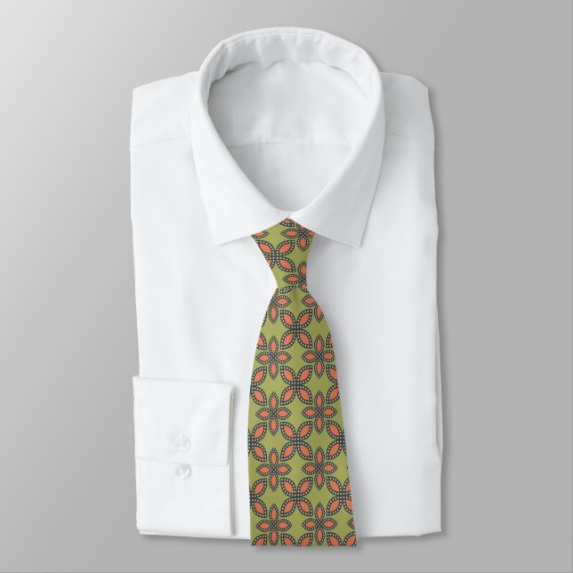 Retro Green and Orange Abstract Floral Pattern Tie (Tied)