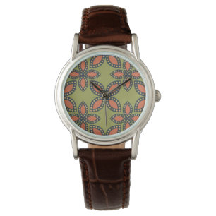 Retro Green and Orange Abstract Floral Pattern Watch