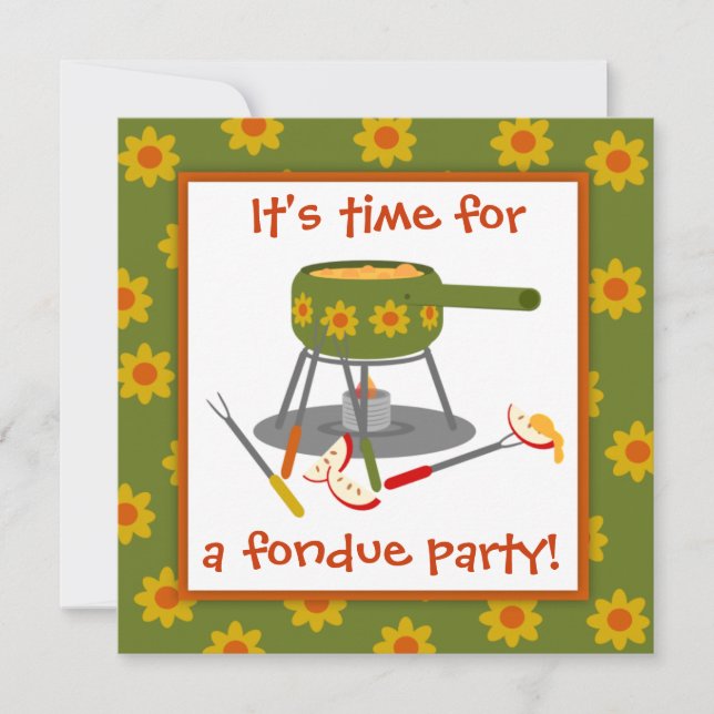 Retro Green and Orange Daisy Fondue Party Invitation (Front)