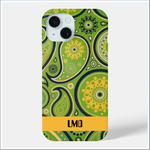 Retro Green and Yellow Paisley Design iPhone 15 Case