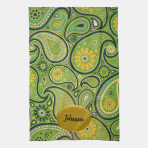 Retro Green and Yellow Paisley Design Tea Towel