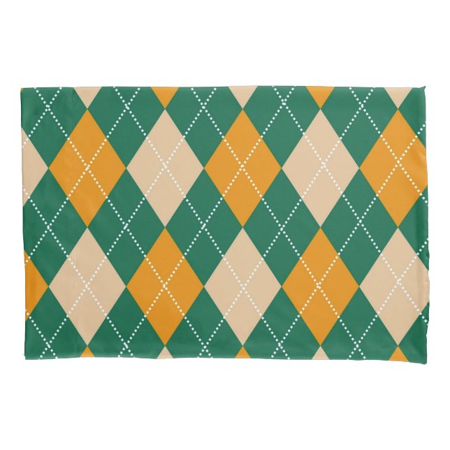 Retro Green Beige Mustard Argyle Diamond Pattern  Pillowcase (Front)