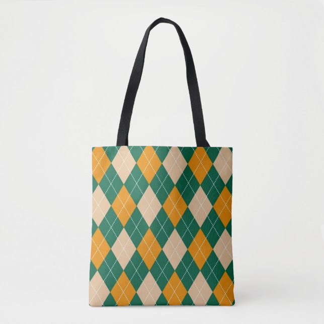 Retro Green Beige Mustard Argyle Diamond Pattern  Tote Bag (Front)