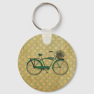 Retro Green Bike with Flower Basket Key Ring