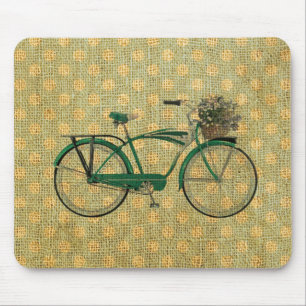 Retro Green Bike with Flower Basket Mouse Pad