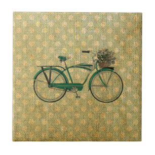 Retro Green Bike with Flower Basket Tile