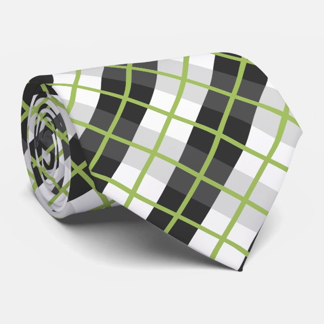 Retro Green Black and White Plaid Pattern Tie (Rolled)