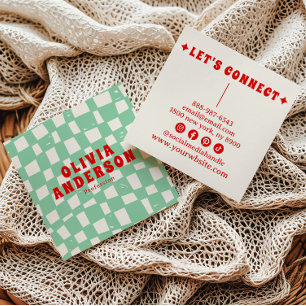 Retro Green Bold 70's Groovy Chequered Trendy Fun Square Business Card