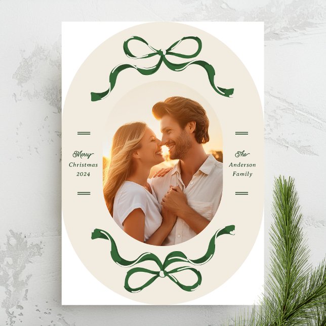 Retro Green Bows Oval Arch Photo Christmas Holiday Card (Creator Uploaded)