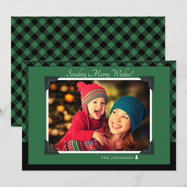Retro Green Buffalo Check Christmas Photo Holiday Card (Front/Back)