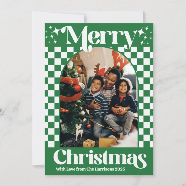 Retro Green Chequerboard Christmas Flat Card (Front)