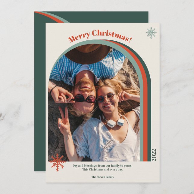 Retro green Christmas arch photo snowflake Holiday Card (Front/Back)