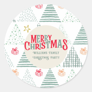 Retro Green Christmas Trees Modern Abstract Unique Classic Round Sticker