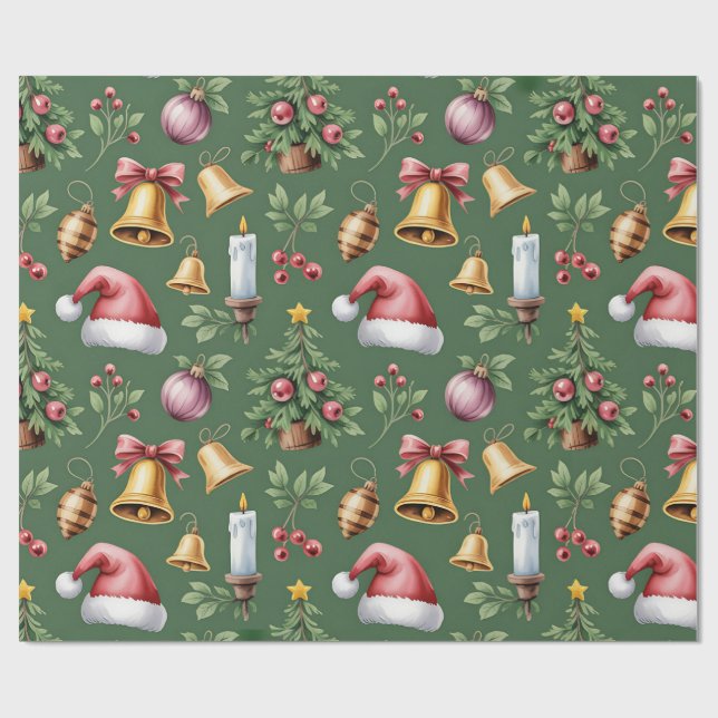 Retro Green Christmas Wrapping Paper (Flat)