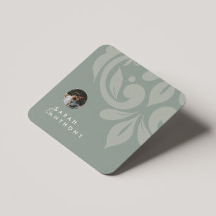 Retro Green Classic Minimal Damask Photo Wedding Square Paper Coaster