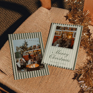 Retro Green Cream Old Money Stripes Christmas  Holiday Card