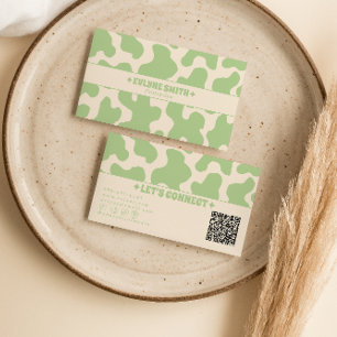 Retro Green Cream QR Code 70s Boho Groovy Trendy Business Card