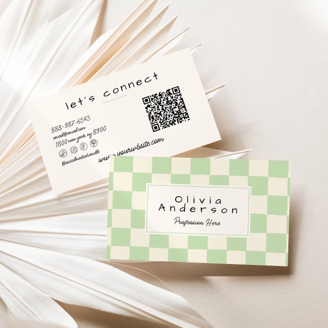 Retro Green Cream Wavy Chequered Boho QR Code Business Card (Creator Uploaded)