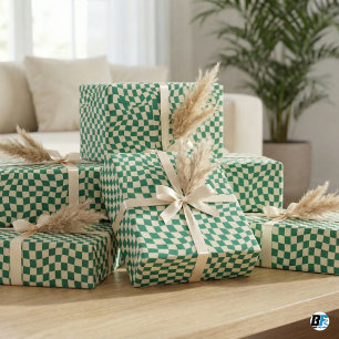 Retro Green Cream Wavy Warped Checkerboard Pattern Wrapping Paper