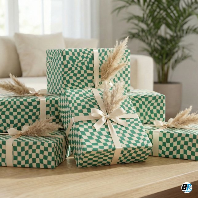 Retro Green Cream Wavy Warped Checkerboard Pattern Wrapping Paper (Creator Uploaded)
