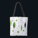 Retro Green Diamonds and Starbursts Tote Bag<br><div class="desc">This Retro Green Diamonds and Starbursts All-Over Print Tote Bag is a new take on a vintage style. It features kitschy, black starbursts on green polka dots, surrounding geometric, green and black diamond shapes. Customise the background colour on this mid century modern product if you're feeling daring, or leave it...</div>