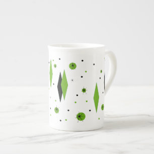 Retro Green Diamonds & Starbursts Bone China Mug
