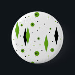 Retro Green Diamonds & Starbursts Button<br><div class="desc">This Retro Green Diamonds and Starbursts Round Button is a new take on a vintage style. It features kitschy, black starbursts on green polka dots, surrounding geometric, green and black diamond shapes. Customise the background colour on this mid century modern product if you're feeling daring, or leave it white if...</div>