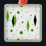 Retro Green Diamonds & Starbursts Ornament<br><div class="desc">This customisable Retro Green Diamonds and Starbursts Christmas Ornament is a new take on a vintage style. It features kitschy, black starbursts on green polka dots, surrounding geometric, green and black diamond shapes. Customise the background colour on this mid century modern product if you're feeling daring, or leave it white...</div>