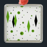 Retro Green Diamonds & Starbursts Ornament<br><div class="desc">This customisable Retro Green Diamonds and Starbursts Christmas Ornament is a new take on a vintage style. It features kitschy, black starbursts on green polka dots, surrounding geometric, green and black diamond shapes. Customise the background colour on this mid century modern product if you're feeling daring, or leave it white...</div>