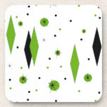 Retro Green Diamonds & Starbursts Plastic Coasters<br><div class="desc">These customisable Retro Green Diamonds and Starbursts Hard Plastic Coasters are a new take on a vintage style. It features kitschy, black starbursts on green polka dots, surrounding geometric, green and black diamond shapes. Customise the background colour on this mid century modern product if you're feeling daring, or leave it...</div>