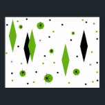 Retro Green Diamonds & Starbursts Poster<br><div class="desc">This customisable Retro Green Diamonds and Starbursts Poster is a new take on a vintage style. It features kitschy, black starbursts on green polka dots, surrounding geometric, green and black diamond shapes. Customise the background colour on this mid century modern product if you're feeling daring, or leave it white if...</div>