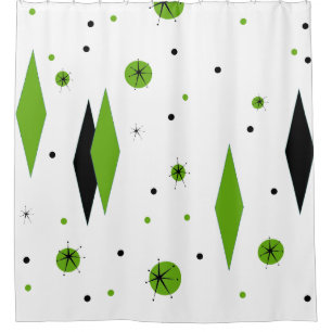 Retro Green Diamonds & Starbursts Shower Curtain